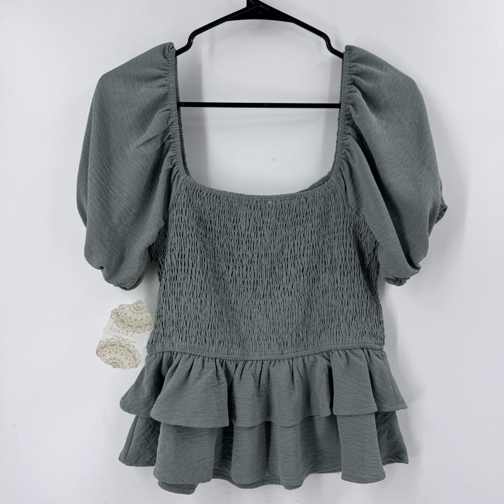 Altar'd State Green Peplum Blouse with Ruffled Short Sleeves - Picture 4 of 8